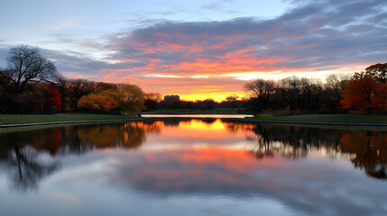 Obraz premium Autumn Sunset Over a Calm Lake in a Park