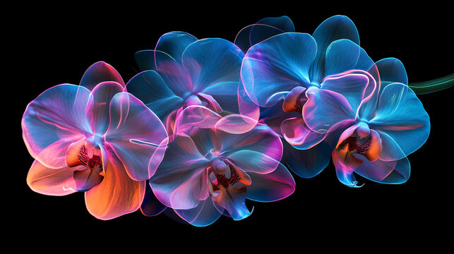 Dreamy neon orchids: ground level exhibition quality stock photo - vibrant floral macro photography. Neon Orchid. Illustration