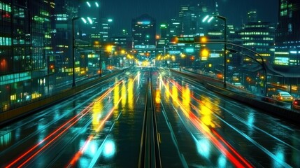 Obraz premium Night city highway, rain, traffic, lights, blurred