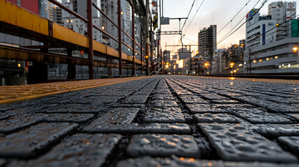 Fototapeta premium Wet Train Station Platform In Japan City
