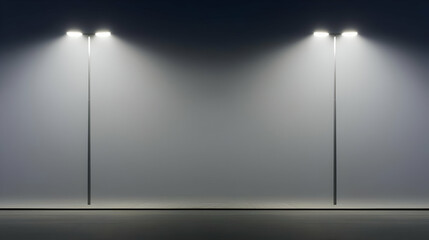 Foggy Night Street Scene With Illuminated Poles