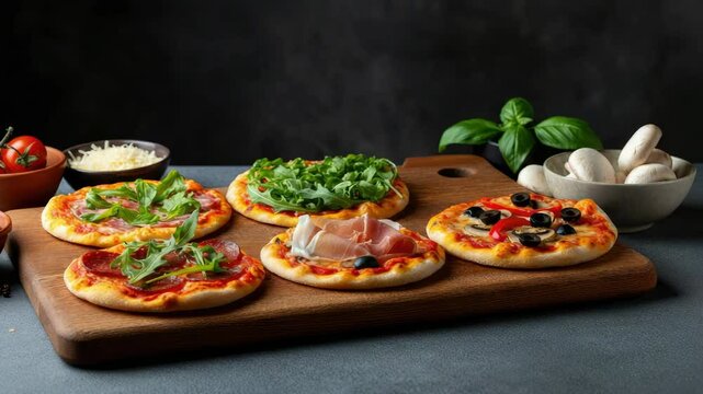 Assorted mini pizzas with various toppings on wooden board