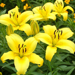Vibrant yellow lilies blooming in a garden, sunlight illuminating petals, green foliage background. Ideal for floral, nature, or gardening websites
