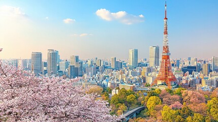 Naklejka premium Tokyo cityscape at sunset with cherry blossoms in full bloom in foreground