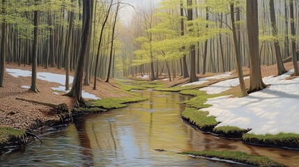Forest trail in early spring with new green growth and melting snow along the sides