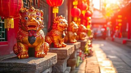 Fototapeta premium Vibrant Golden Lions in a Traditional Asian Alleyway at Sunset
