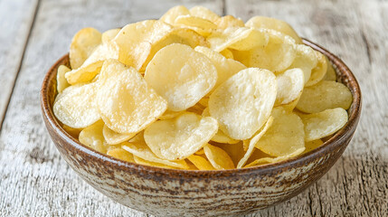 Crispy Potato Chips in Rustic Bowl on Wooden Table Background