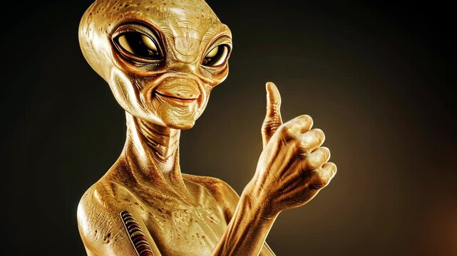 An alien humanoid on a dark background shows a friendly thumbs up gesture, with a smooth, Ai Generated