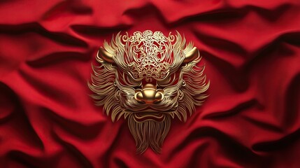 Gold line art of lion dance face on a red silk texture background with layered festival icons