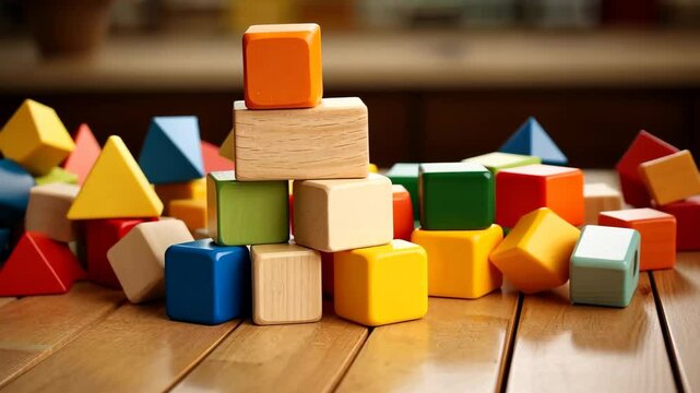 A stack of toy wooden blocks on a table, offering a playful backdrop of educational fun, Ai Generated.