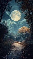 A full moon shines over a forest path at night