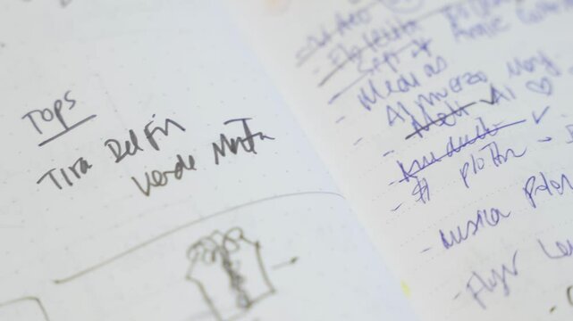 Hand-drawn fashion sketches and handwritten notes in Spanish fill a dotted notebook page, showing ideas and design elements in development.