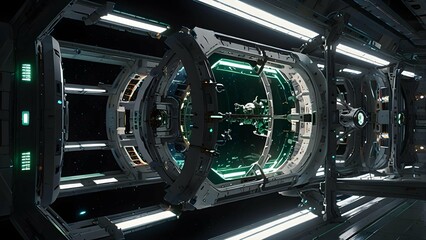 Fototapeta premium Futuristic Space Station Interior Green Glowing Windows