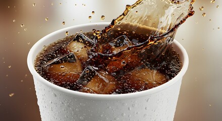 Close-up of bubbling soda with ice in a takeaway cup, fast drink refreshment