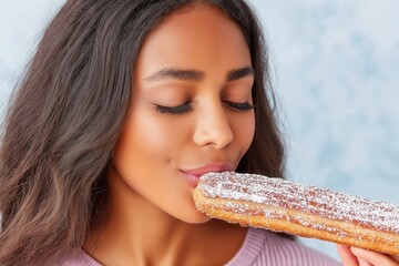 Sugar-Coated Joy: Woman Smiling with Delicious Powdered Donuts and Crispy Churros - Sweet Indulgence Close-up