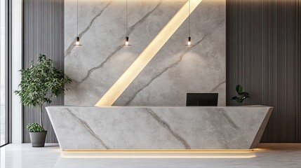 Modern salon entry with diagonal marble counter design and softly lit wall textures