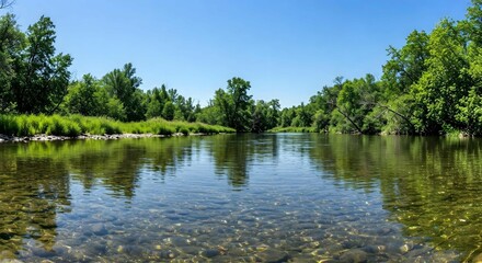 Clear River Flowing Through Lush Green Nature Photo