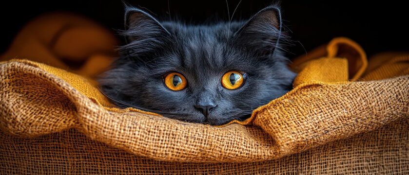 A fluffy grey cat with bright orange eyes peeks from a burlap sack.  The cat's gaze is captivating