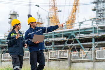 Petrochemical factory industry engineer teamwork meeting discussion at petroleum oil refinery...