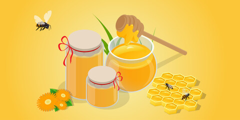 A detailed isometric vector image of three honey jars with a honey dipper, bees on fresh honeycomb and bright yellow background perfect organic honey concept.