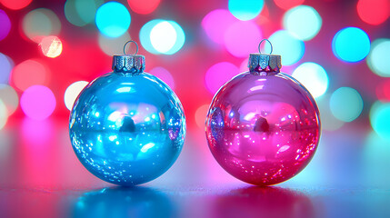 Fototapeta premium Colorful Christmas Ornaments with Blurred Bokeh Background