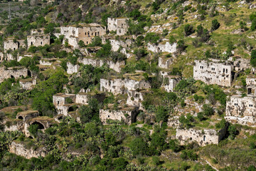 Ruined houses of an ancient arabian abandoned village Lifta located on hills near Jerusalem, Israel.