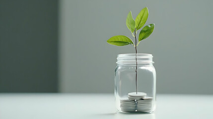 Small Plant Growing In Glass Jar With Coins