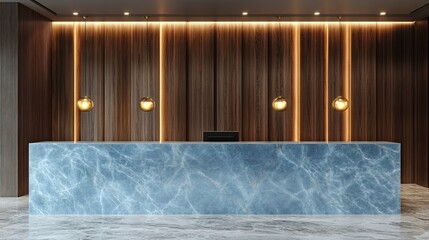 Reception desk with light blue marble top and gold-accented lighting details across vertical panels