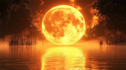 A giant, fiery orange moon hangs low over still water, its reflection mirrored perfectly on the surface, silhouetted by dark trees and reeds