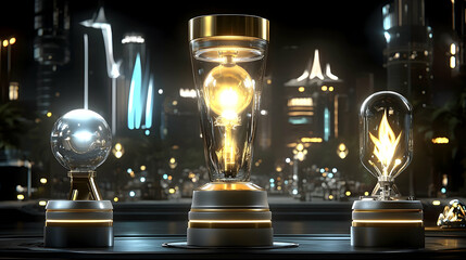 Futuristic city night; glowing lightbulb evolution display; technological advancement concept; ideal for science fiction websites