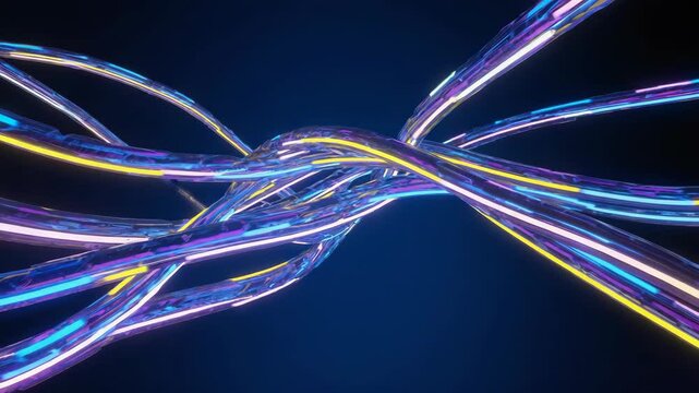 Abstract interconnected iridescent cables with neon lights against a dark blue background for modern technologies or communication concepts