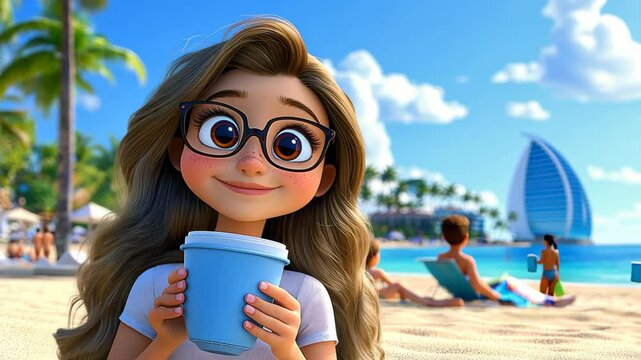 Descripcin  Chica rubia de  aos en la playa, usando lentes y disfrutando de una charla alegre con sus amigas bajo el sol.