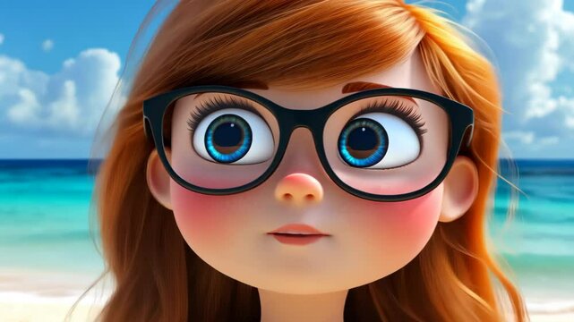 Descripcin  Chica rubia de  aos en la playa, usando lentes y disfrutando de una charla alegre con sus amigas bajo el sol.