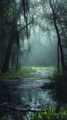 Fototapeta premium A mysterious swamp scene with a winding path and thick fog