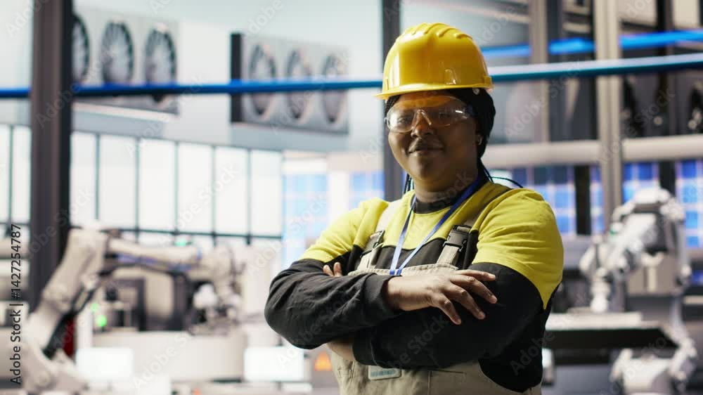 Poster portrait of jolly smart factory engineer calibrating high tech machinery and analyzing sensor data. 
