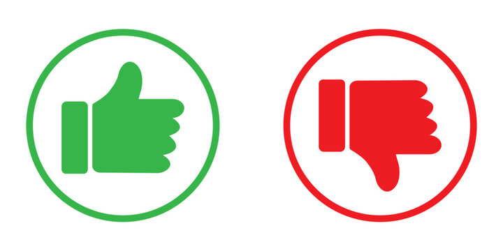 Thumb up and down outline icon isolated on white background. Like and dislike social media icon. Outline positive and negative buttons. Green Thump Up and Red Thump Down or Like and Dislike buttons. 