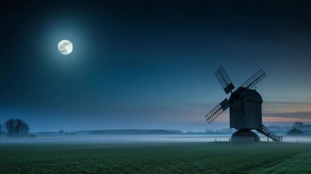 Scenic windmill in misty field under full moon at dusk