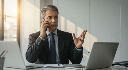 Businessman in suit talking on phone with laptops and notepad on desk in bright office setting