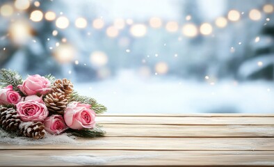 Festive winter floral display on a wooden surface