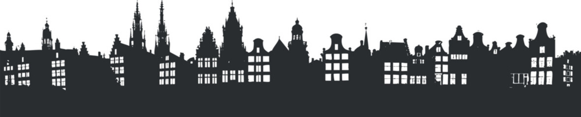A black silhouette of a city skyline featuring various architectural styles and buildings.