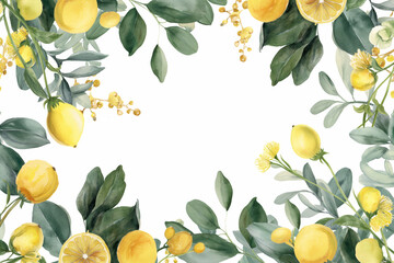 Lemon and eucalyptus watercolor frame with greenery, perfect for summer cards, invitations, and kitchen decor.