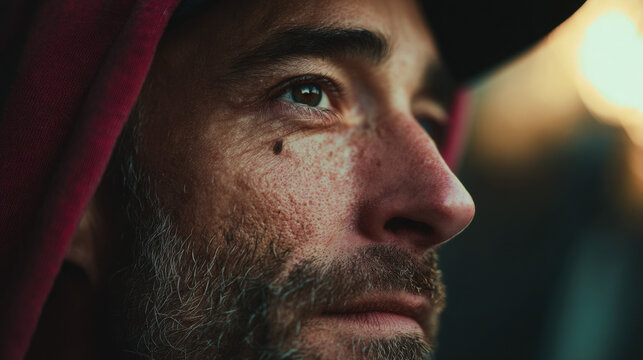 Close-Up of Bearded Man. Raw Expression and Natural Light.