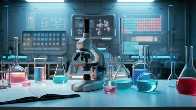 Advanced laboratory with scientific equipment and open notebook on table