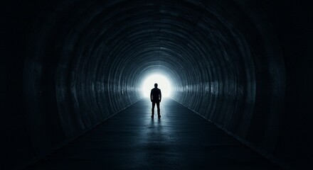 Silhouette of a person standing at the end of a dark tunnel with a bright light shining through