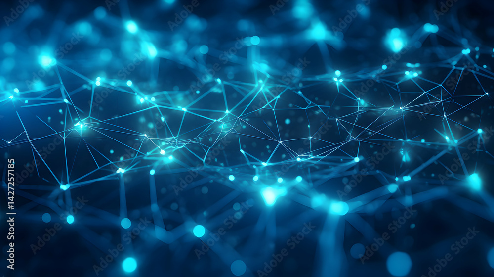 Poster abstract luminous network with interconnected points in deep blue gradient