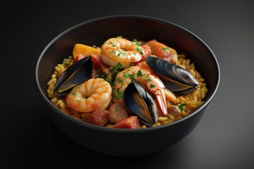 A vibrant seafood paella featuring shrimp, mussels, and colorful bell peppers.