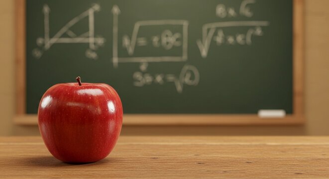 A red apple on a wooden desk with a chalkboard with math equations in the background in a classroom