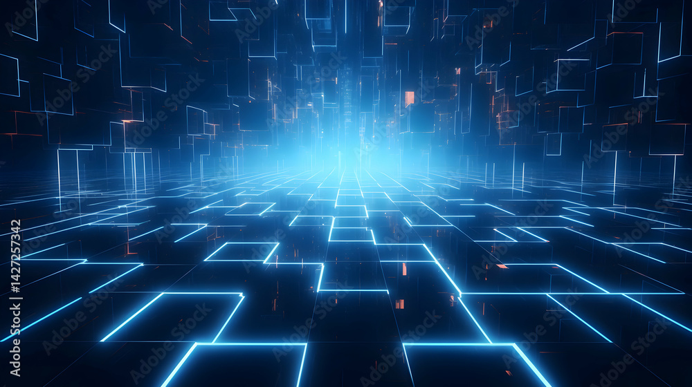 Poster illuminated digital landscape with interconnected network and abstract forms
