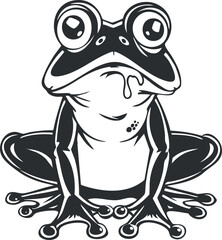 A whimsical black and white illustration of a cartoon frog with large eyes and a playful expression.