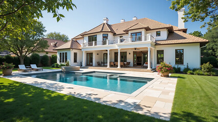 Spacious Two-Story Suburban Texas Home with White Walls, Beige Shingle Roof, Outdoor Pool, and Fire Pit Surrounded by Lush Green Lawn